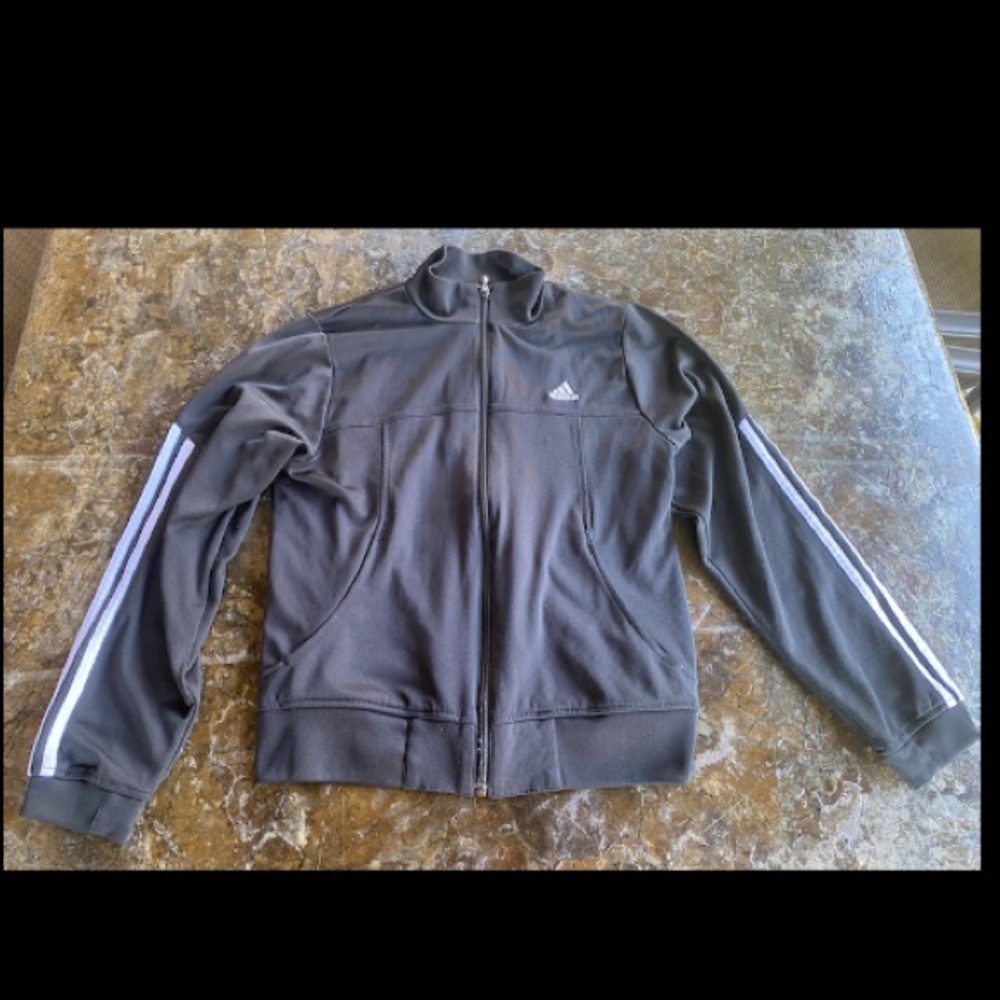 EUC Women’s M Adidas jacket white stripes full zipper athletic long sleeve